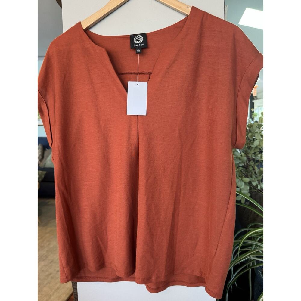 Bobeau Sz L Picante Warm Rust Split Neck Sh Sleeve Knit top warm fall